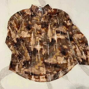 Bucket List Mood Setter Multi Brown LongSleeve Smocked VNeck Blouse Womens Small